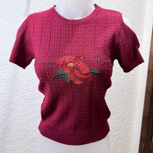 Women's Burgundy Knit Top with Floral Embroidery